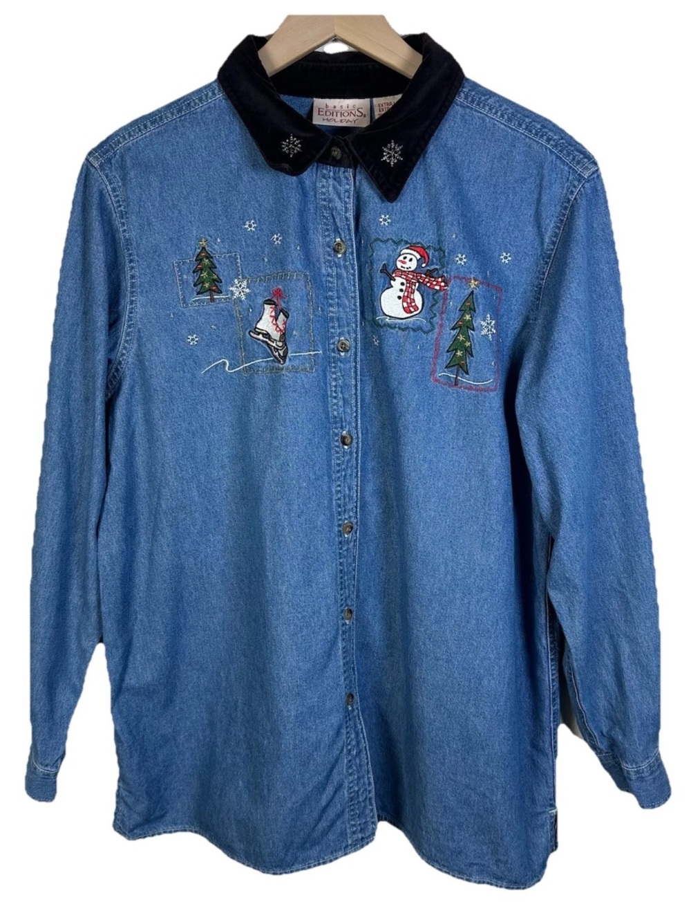 Vtg 90s Basic Editions Holiday Snowmen Denim Shirt XL Embroidered Snowman Skates